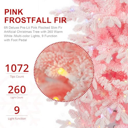Pink Frostfall Fir 6ft Artificial Christmas Tree - Slim Prelit Xmas Tree with 260 LED Lights