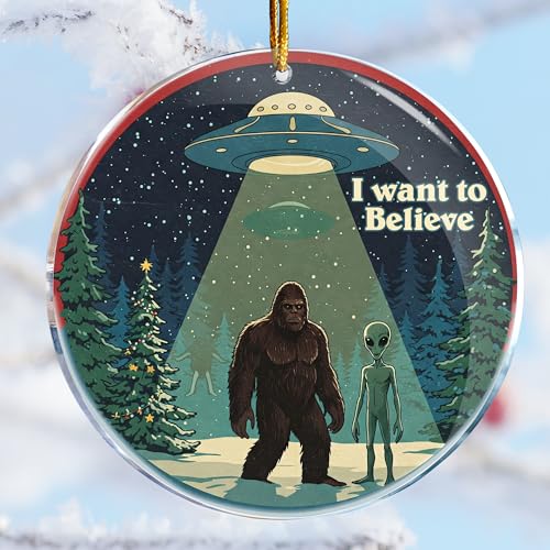 Bigfoot and Alien UFO Christmas Ornament - Funny Sasquatch & Alien Holiday Decor