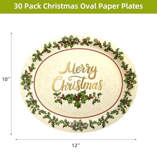 30Pcs Christmas Holly Paper Disposable Oval Plates 10x12 Inch Holiday Party Supplies