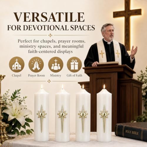 Christmas Advent Candles Set - 4 White Religious Pillar Candles with Gold Star