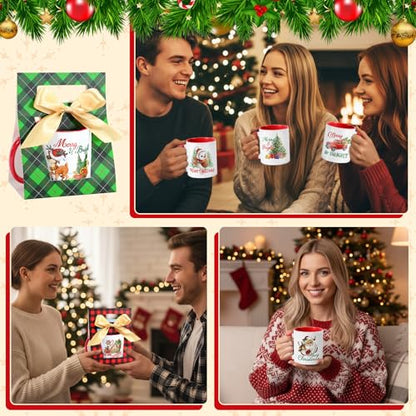 Christmas Coffee Mugs with Gift Boxes - Red Green Watercolor Set of 12