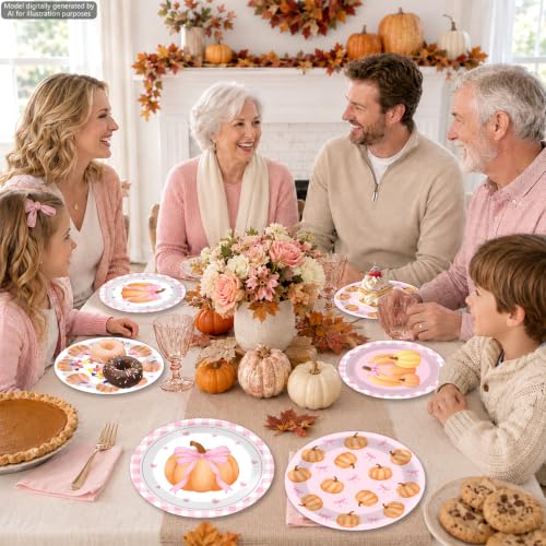 Pink Bow Pumpkin Paper Plates Set for Fall Thanksgiving Party - 48 Pieces