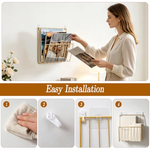 Wall Mounted Magazine Rack Set - Gold Wall Document Organizer, 4 Pieces