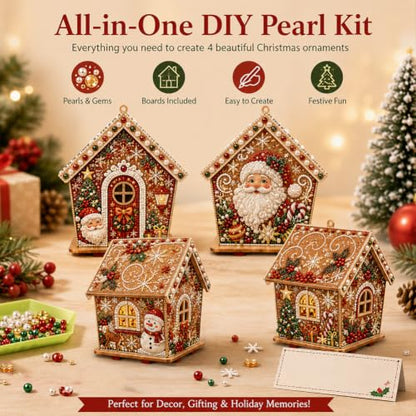 3D Wooden Christmas Gingerbread House Pearl Art Kit with Lights - Multiple Styles