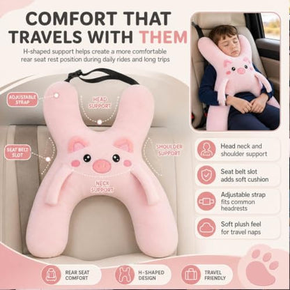 Kids Car Pillow with Animal Design, Neck Support & Seat Belt Slot - Dog Variation