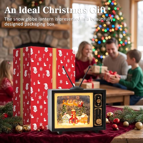 Christmas Snow Globe TV Lantern with Music & Light, 9-Inch Santa & Reindeer Scene
