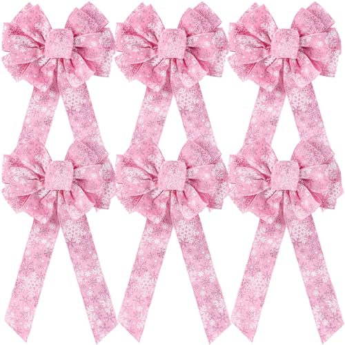 Pink Velvet Christmas Bow Set - Wired Snowflake Holiday Decorations, 6 Pcs