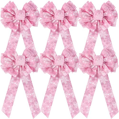 Pink Velvet Christmas Bow Set - Wired Snowflake Holiday Decorations, 6 Pcs