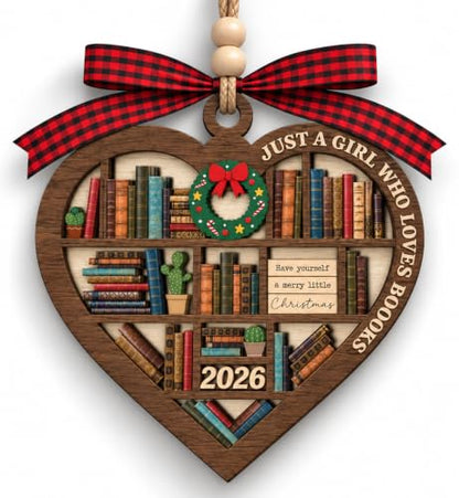 Just A Girl Who Loves Books Heart Bookshelf Wooden Christmas Ornament - Reader Gift