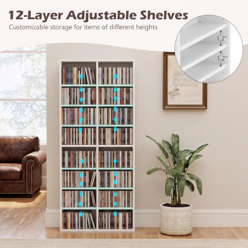 Giantex 16-Shelf CD DVD Storage Rack, Wide White Media Organizer