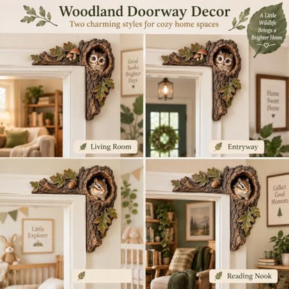 Chipmunk Tree Hollow Door Topper with Squirrel & Owl - Rustic Wooden Door Frame R