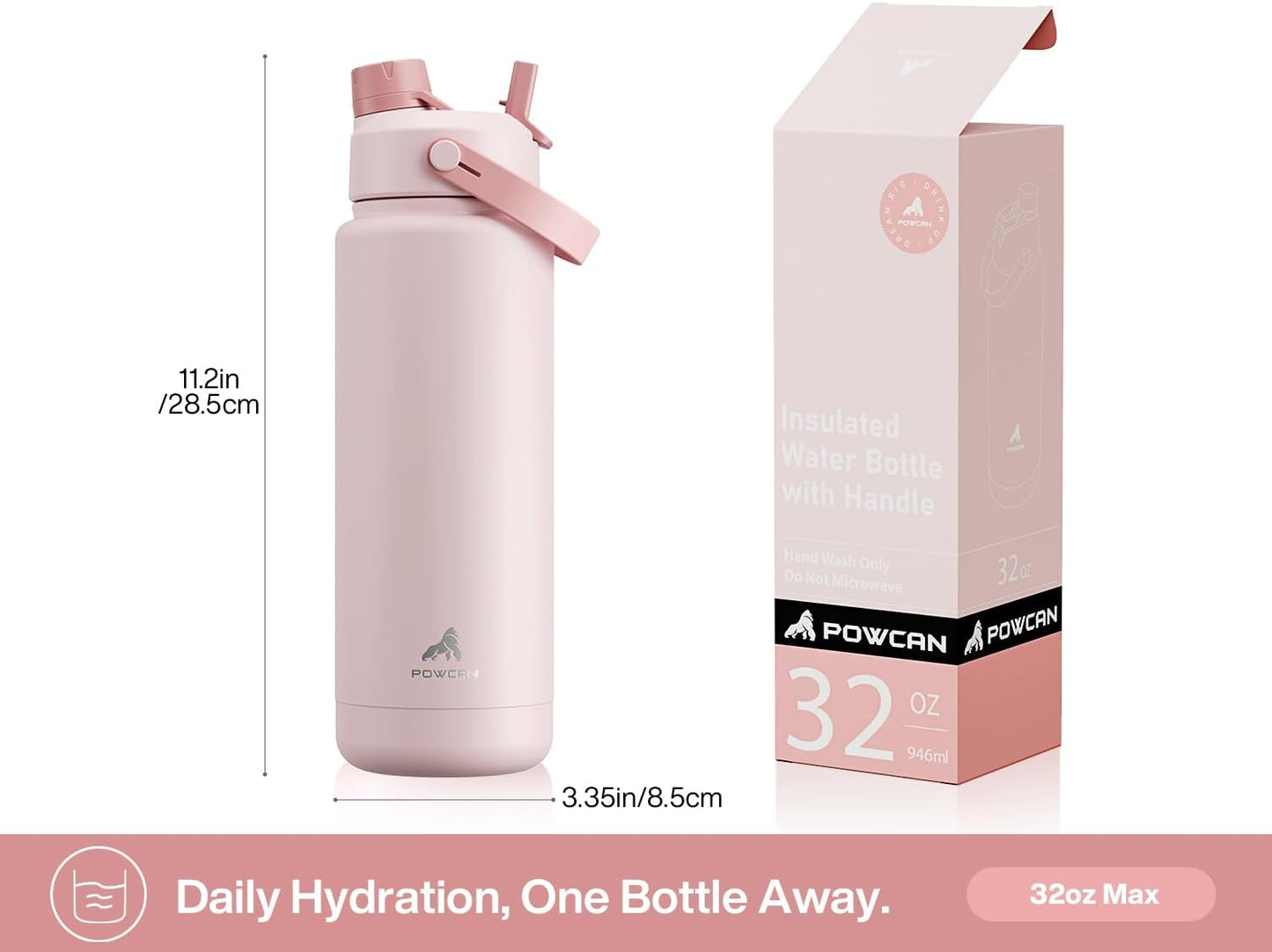 POWCAN 32 oz Insulated Water Bottle - 2-in-1 Straw & Spout Lid, Leak-Proof, BPA-Free, Ideal for Sports & Travel (Bow Crush)