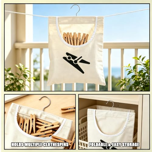Laundry Clothespin Bag 12.5x11 Inch Canvas Hanging Storage White