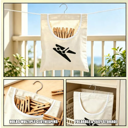 Laundry Clothespin Bag 12.5x11 Inch Canvas Hanging Storage White