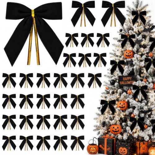 Black Velvet Bow for Christmas & Halloween Tree Decorations 3.5x3.5 Inch - Set of 30