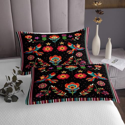 Mexican Talavera Floral Bedspread Set - Queen, Black & Red, 3 Pieces