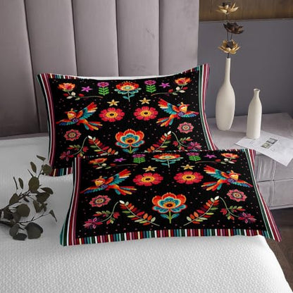 Mexican Talavera Floral Bedspread Set - Queen, Black & Red, 3 Pieces
