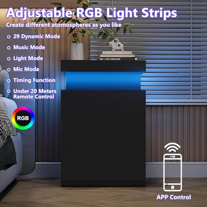 OLIXIS Black Nightstand with Charging Station & RGB LED Lights (Variation: Black - 17.72 W x 15.75 D x 26.57 H, 4 Drawers)