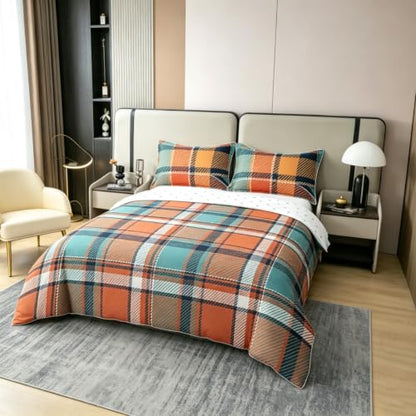 Orange White Autumn Grid Queen Duvet Cover Set Gingham Plaid Geometric