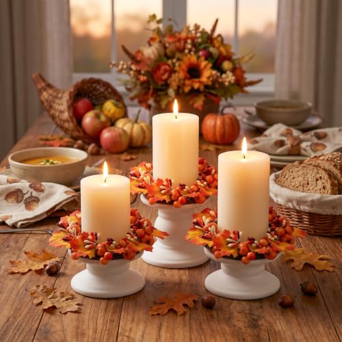 Orange Thanksgiving Candle Rings Set - Fall Pumpkin Wreaths for Decor