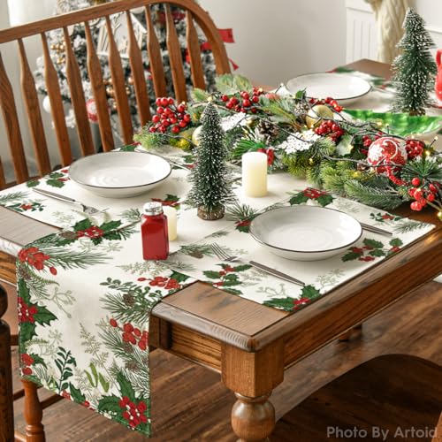 Christmas Holly Pine Cone Placemats Set of 4 - 12x18 Inch Seasonal Table Mats