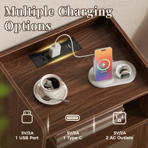 Superjare Nightstands Set of 2 with Charging Station, 11.8 x 15.9 x 23.4 Inches, Dark Walnut