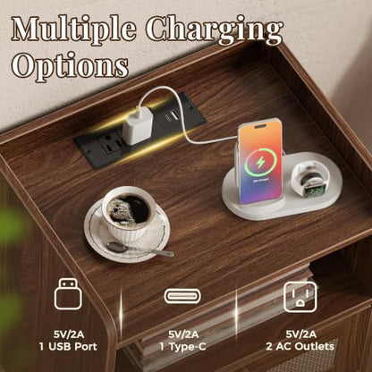 Superjare Nightstands Set of 2 with Charging Station, 11.8 x 15.9 x 23.4 Inches, Dark Walnut