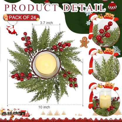Christmas Candle Wreaths with Red Berries - Pack of 24, 3.7 Inch