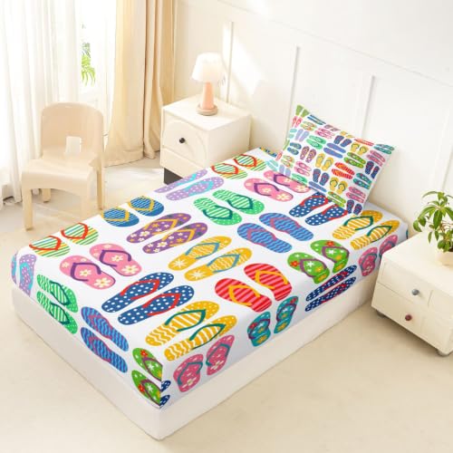 Colorful Kids Fitted Sheet Twin Size with Pillowcase - Striped Polka Dot Floral Bedding Set - Summer Beach Coastal Style - Manfei (W39xL75xH16)