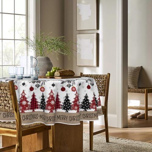 Christmas Tablecloth 70 x 70 Inch Round Pine & Ball Design - Red