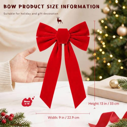 12PCS Velvet Red Christmas Bows for Holiday Decor 13x9 Inches