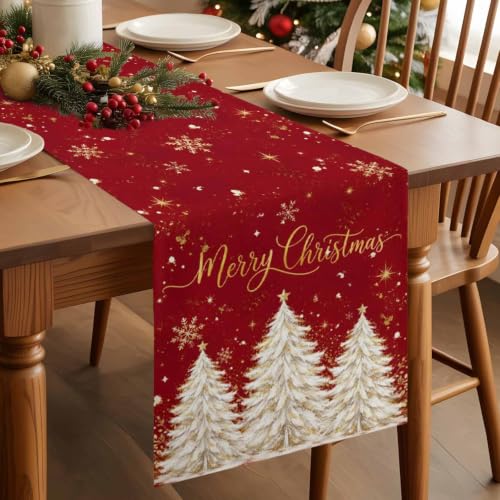 Christmas Tree Table Runner 72 Inches Long - Red Gold Beige Xmas Decor, Snowflake Sparkle Cotton Linen