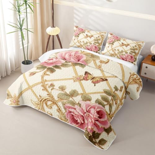 Erosebridal Rose Quilt King - Gold, Large Bed Size, All-Season Lightweight Bedding