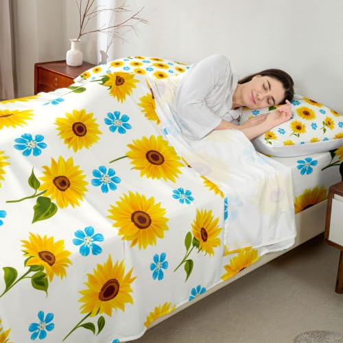 Kids Sunflower Bed Sheets Set King Size Yellow Blue Deep Pocket Microfiber