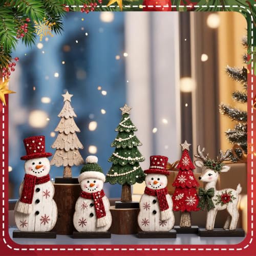 7 Pcs Christmas Wooden Snowman Tree Reindeer Table Decor Set - Red & Green