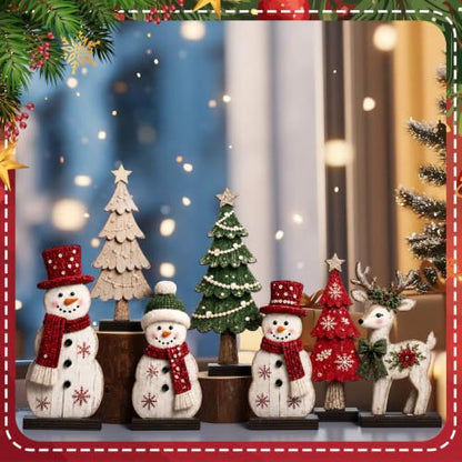 7 Pcs Christmas Wooden Snowman Tree Reindeer Table Decor Set - Red & Green