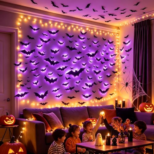 38 Pcs Halloween 3D Bat Wall Decor Set with LED Lights for Indoor Outdoor