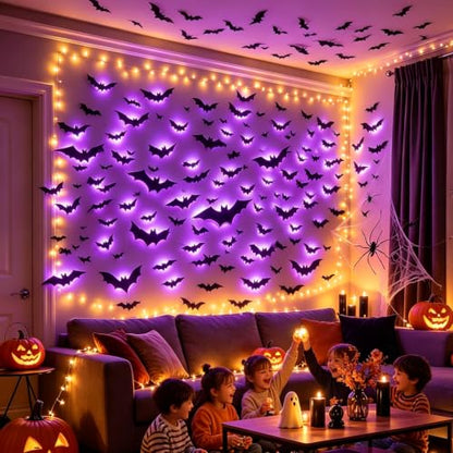 38 Pcs Halloween 3D Bat Wall Decor Set with LED Lights for Indoor Outdoor