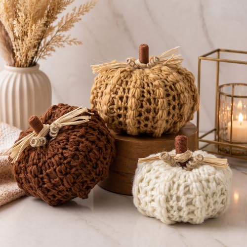 Set of 3 Handmade Knitted Pumpkins - Fall Autumn Decor, Thanksgiving, Christmas