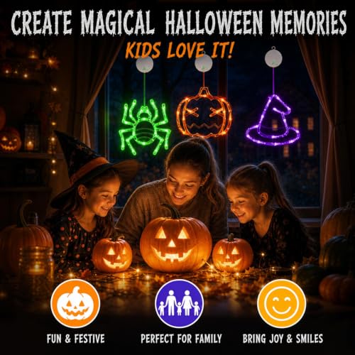 Rechargeable Halloween Window Lights 3 Pack - Spider, Pumpkin, Hat Variations