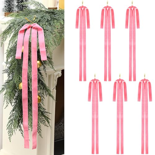 Pink Velvet Christmas Bow Ornaments Set of 6 - Long Holiday Tree Decor