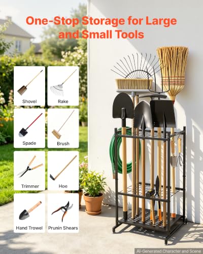 Small Garden Tool Organizer Rack with 35 Slots & Hooks - Metal Garage Storage