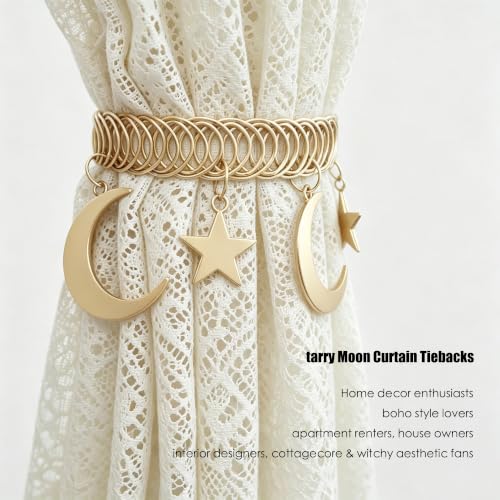 Golden Moon Star Metal Elastic Curtain Tiebacks - 2 Pack, Decorative Boho Holdbacks
