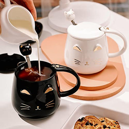 Cat Mug Set of 3 with Lids, Spoons & Coasters - Black, White, Pink