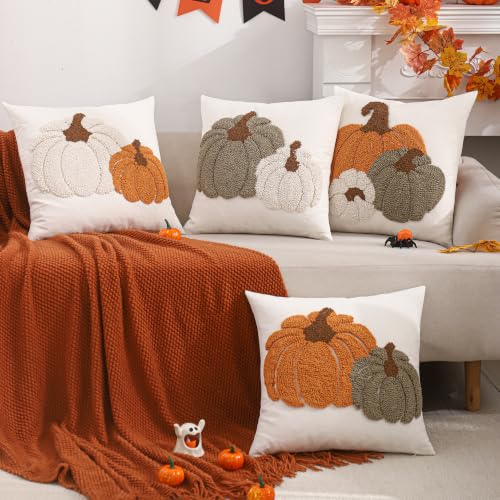 Halloween Pumpkin Embroidered Throw Pillow Covers Set of 2 - 18x18 Inches, Rustic Fall Farmhouse Decor, Hidden Zipper, Three Color Pumpkin