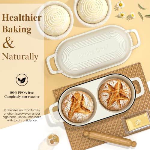 Cream White Dutch Oven for Sourdough Bread Baking with Lid & Banneton Proofing Baskets