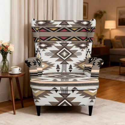Aztec Tribal Pattern Wingback Chair Cover with Elastic Bottom - Secure Fit