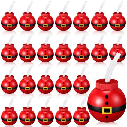 24 Pack Reusable 12oz Christmas Santa Plastic Bulb Cups with Lids & Straws - Festive Holiday Party Supplies
