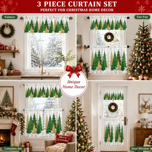 Christmas Tree Kitchen Curtains Valance and Tier Set - Green White Snowflakes, Stars, Gold Tree & Variation of THIS Listing