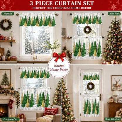 Christmas Tree Kitchen Curtains Valance and Tier Set - Green White Snowflakes, Stars, Gold Tree & Variation of THIS Listing